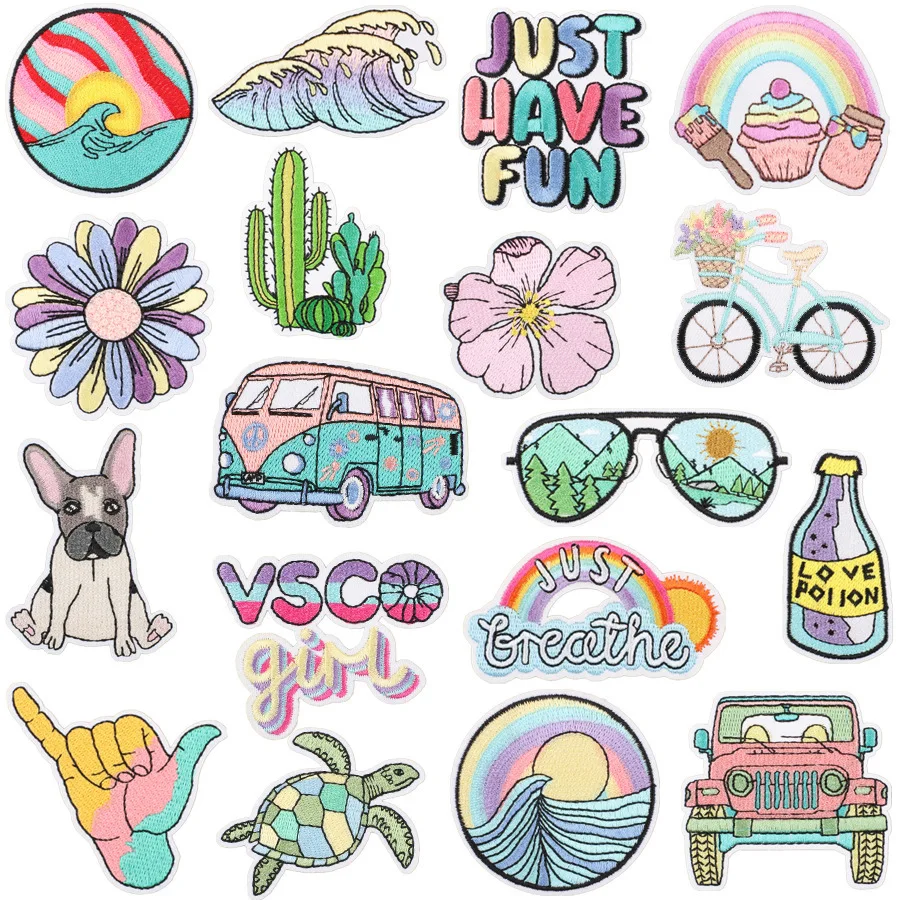 

Cartoon Bicycle Patches For Clothing Thermoadhesive Patches Flower Waves Badges Iron On Embroidery Patches On Clothes Appliques
