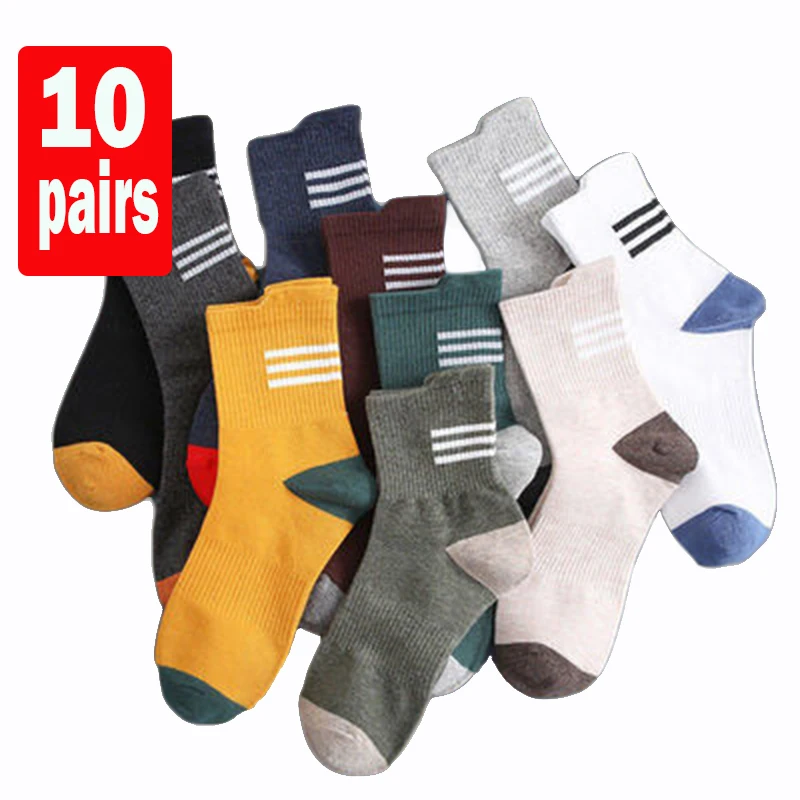 

10 Pairs Retro Fashion Stripe Cotton Crew Socks for Men Sports High Quality Long Tube Sox Spring Autumn Classic Popular Sock