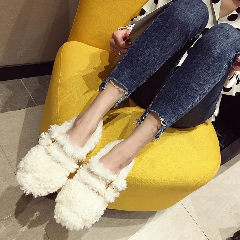 

Woman Metal Buckle Band Furry Ladies Winter Shoes Plush Loafers Sheep Fur Moccasins Warm Curly Lamb Wool Flats