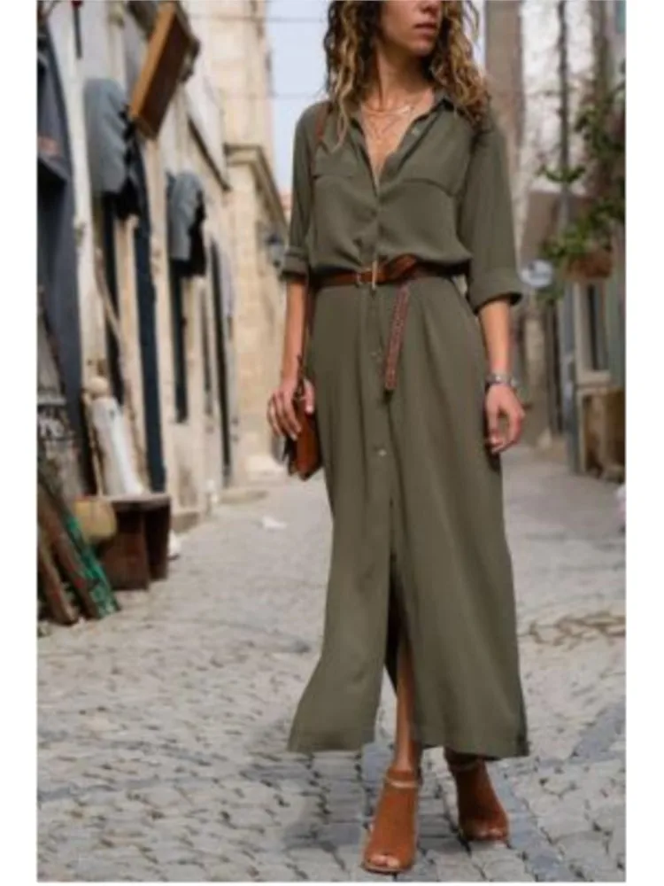 Весенне-летнее однобортное платье средней длины с лацканами и длинными рукавами