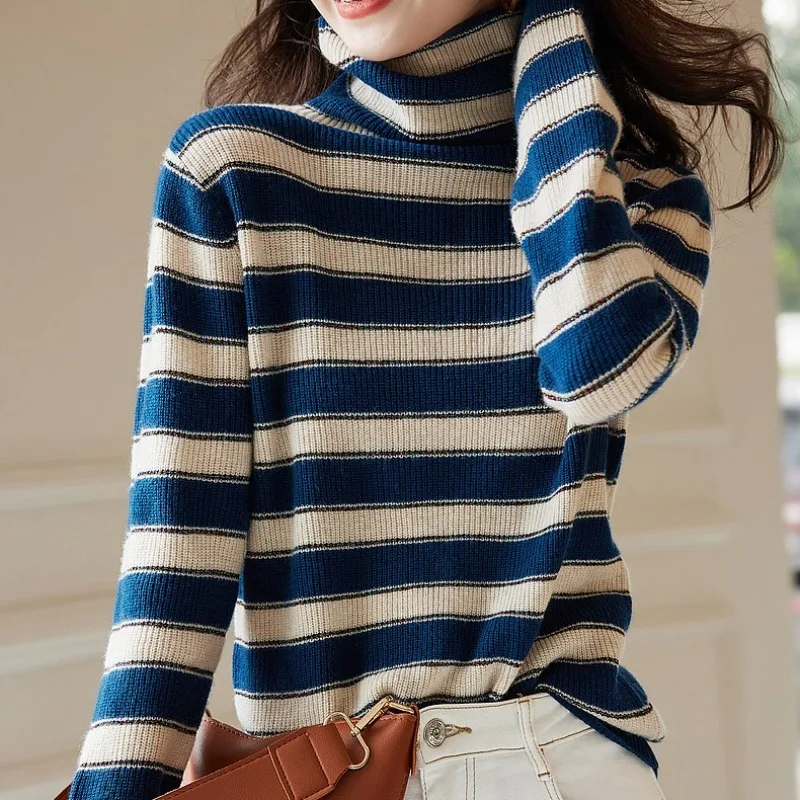 Водолазки пуловеры женский трикотаж свитер осень-зима вязаные пальто в полоску