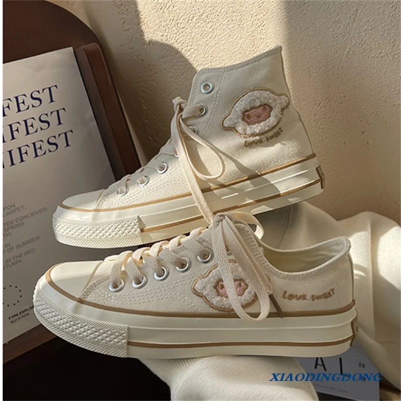 

New Spring Women Canvas Shoes Sneakers High Top Students Vulcanized Shoes Woman Beige Lace Up Casual Flat Shoes Tennis Female