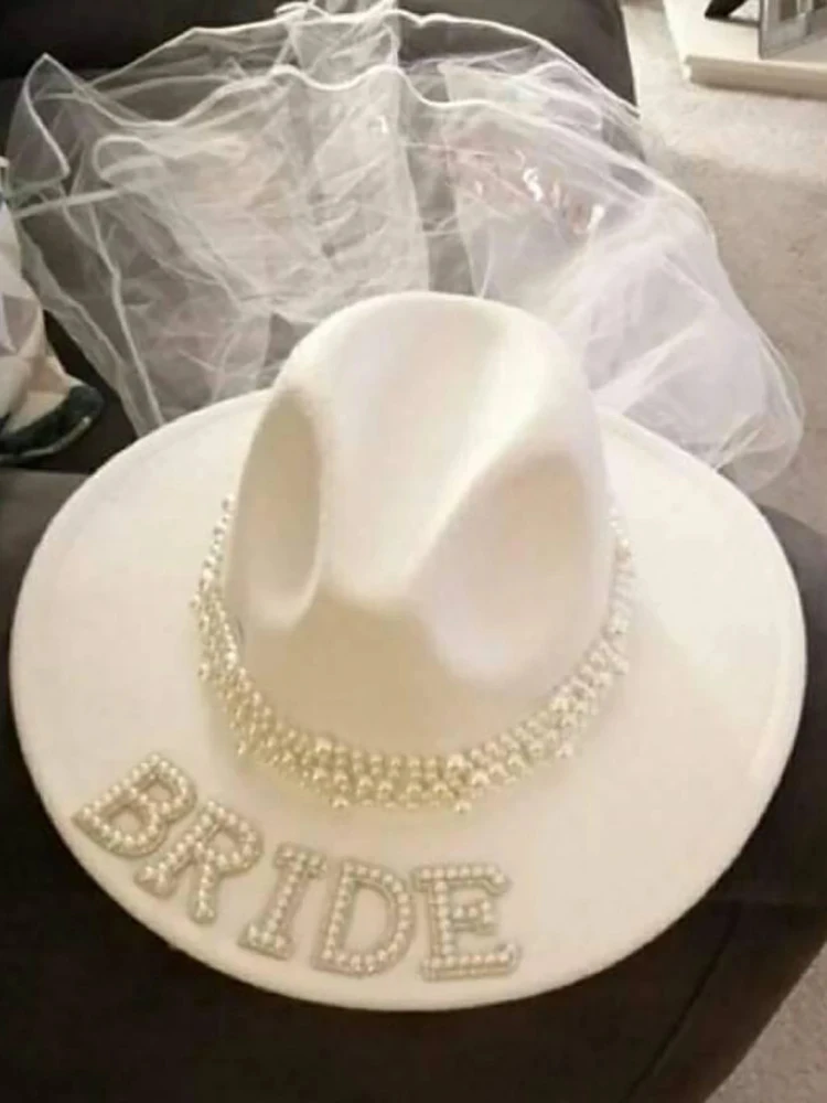 

Bride Pearl Cowboy Veil Hat Country western Space Disco wedding Cowgirl Bachelorette hen Party bridal shower decoration Gift