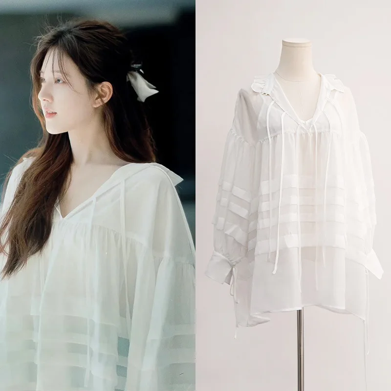 

[ Spot goods ] Zhao Lusi same style high sense loose youthful-looking chic Minority Fashion stylish thin shirt top for women