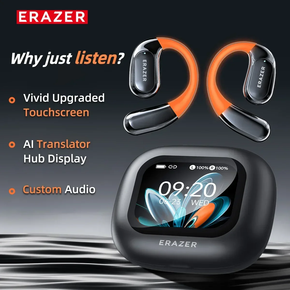Фото ERAZER XP15 Беспроводные наушники Bluetooth 5,4 AI-переводчик Наушники Светящиеся ушные крючки Модернизированный сенсорный ЖК-экран ENC Шумоподавление №1