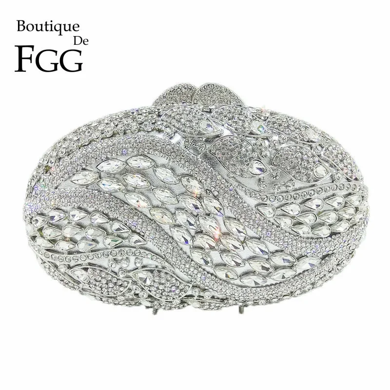 

Boutique De FGG Hollow Out Diamond Crystal Purse Evening Bag For Women Silver Minaudiere Bag Wedding Party Clutch Bridal Handbag