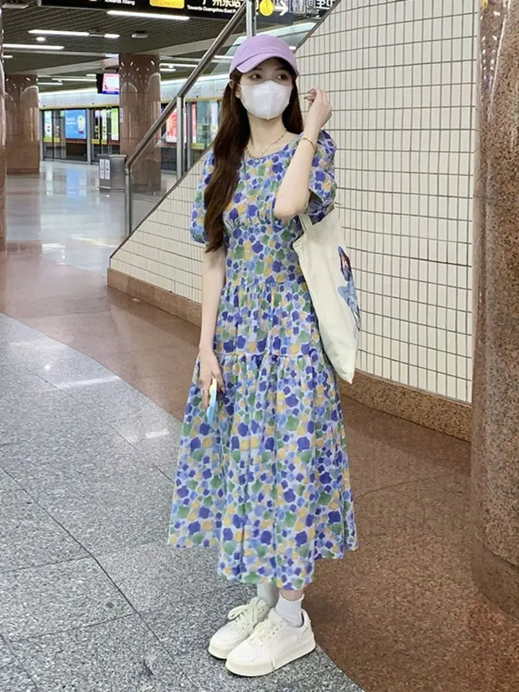 

Женское длинное платье с коротким рукавом, милое винтажное платье-трапеция с круглым вырезом и цветочным принтом в корейском и японском стиле, модель A07 на лето, 2023