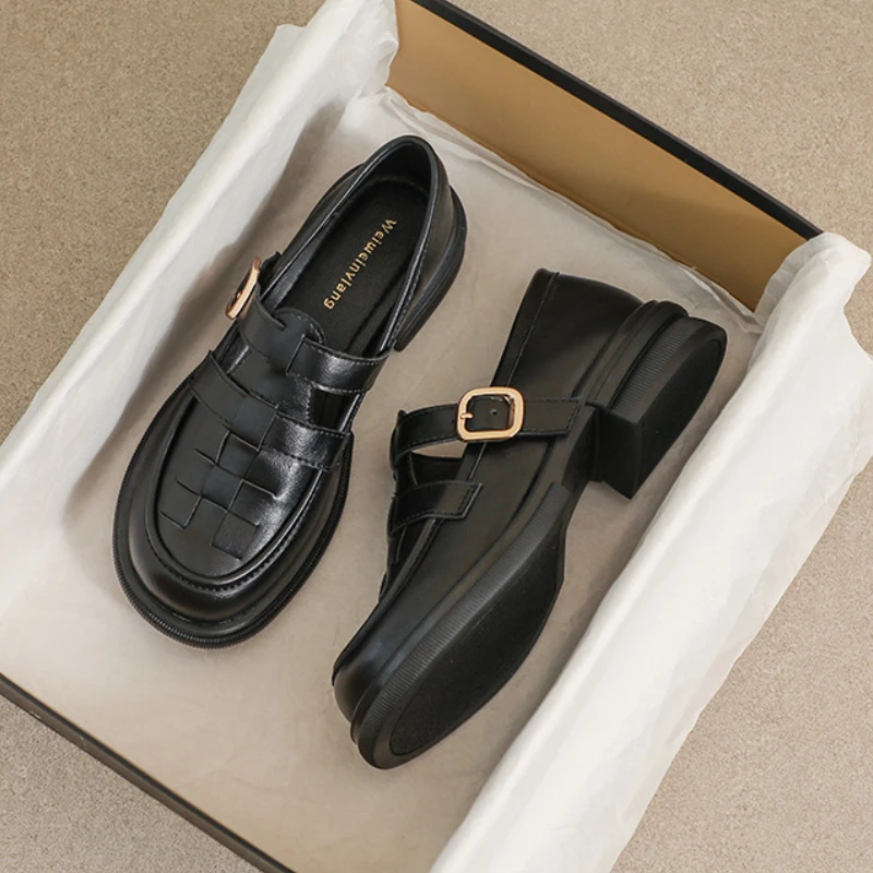 

Туфли женские в стиле ретро с закрытым носком, дизайнерские плетеные лоферы, ремешок на щиколотке, римские оксфорды, плоская подошва, Мэри Джейн