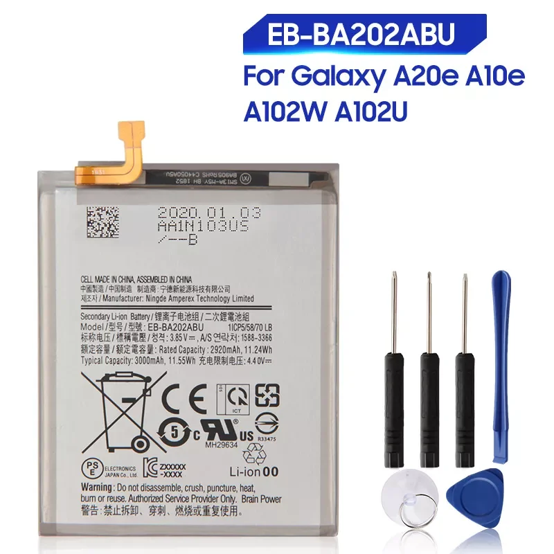 

2023New Replacement Battery EB-BA202ABU For Samsung GALAXY A20e A10e A102W A102U A202F Rechargeable Phone Battery 3000mAh