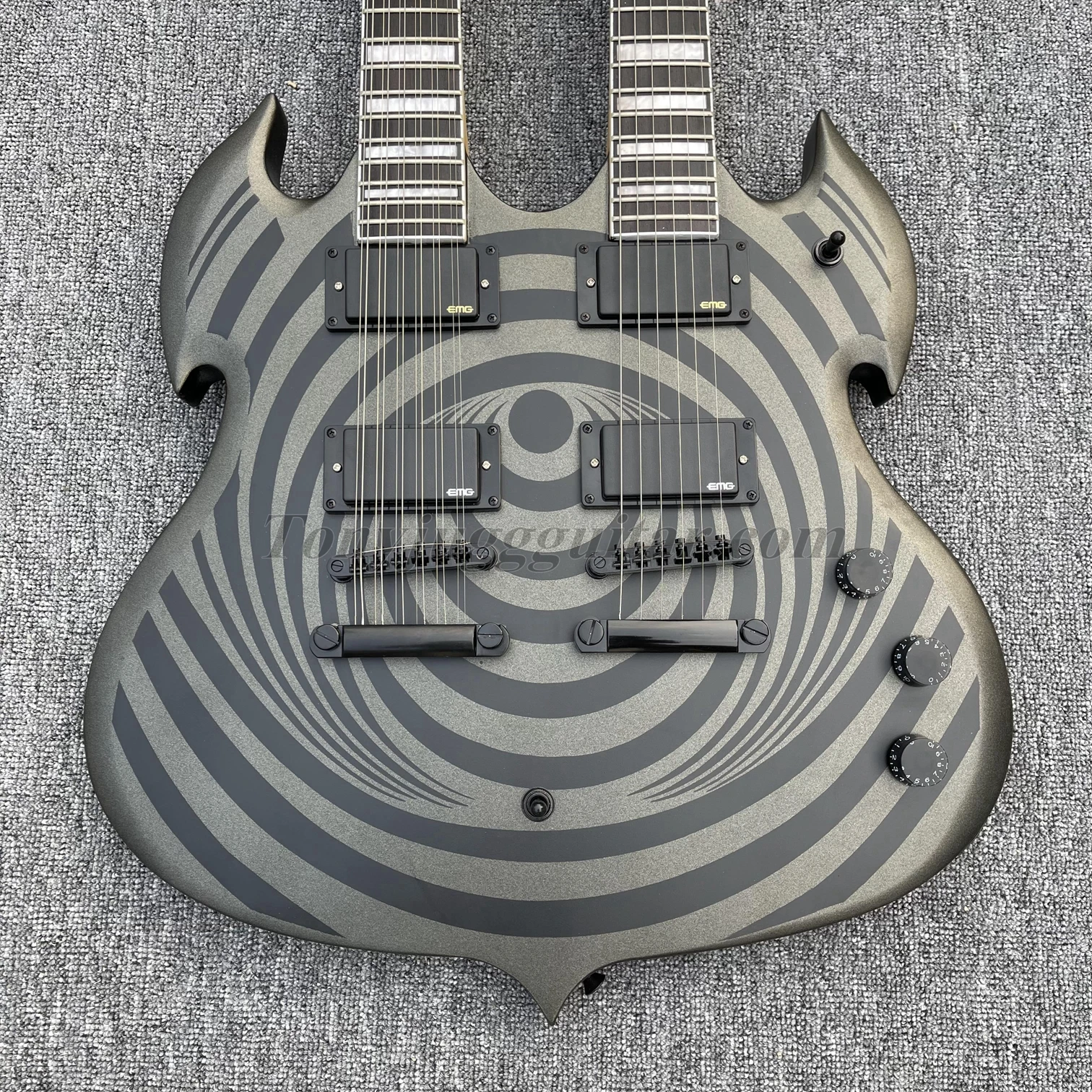 

Zakk Wylde Audio Barbarian 12 & 6 strings Double Neck Matte Black Behemoth SG Electric Guitar EMG Pickups, Black Hardware,