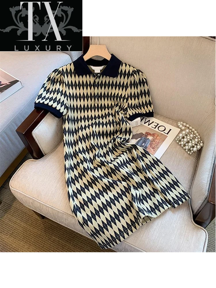 

Vintage Mini Dresses For Women Short Sleeve Polo Knitted Mujer Vestidos Lingge Pattern French Style Dress Female Summer 2022 Ne
