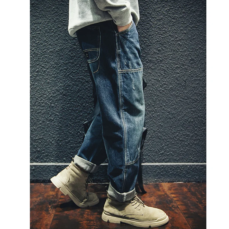 Streetwear Men 2022 New Style Pattern Recreational Blue Cargo Pants Straight Cylinder Comfortable Loose Large Jeans Autumn Women