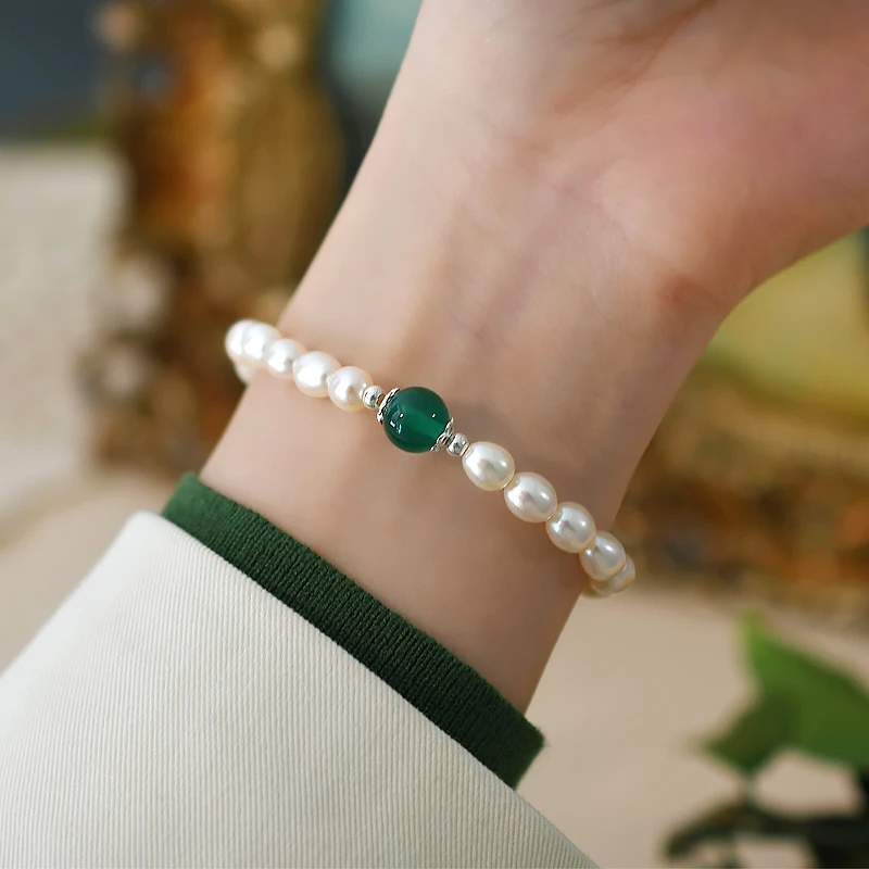 

Natural Freshwater Rice Pearl 925 Sterling Silver Green chalcedony Bracelet for Girls Jewelry