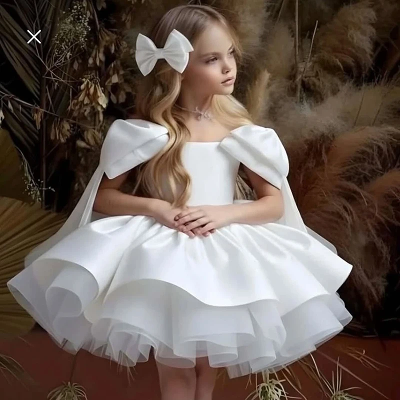 Фото Белое платье Eightree A.Girls' с открытыми плечами и бантом, модное, элитное, для выступлений на фортепиано, для маленьких ведущих, для вечеринок, для принцесс, на заказ №5