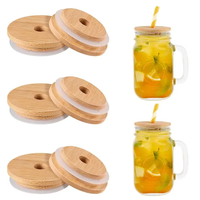 

8pcs Wide Mouth Mason Jar Lids Wood Sealing Lid Regular Canning Lids Reusable Bamboo Jar Drinking Lids Jar with Straw Hole