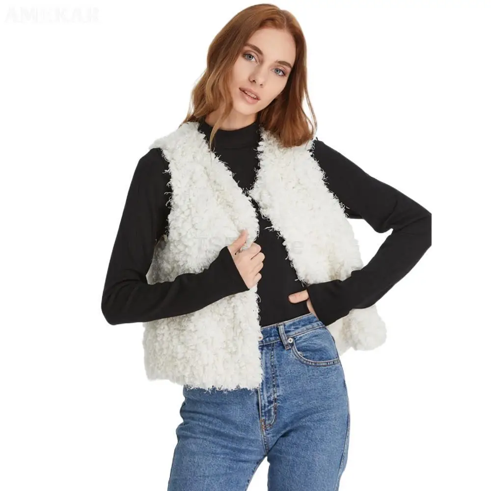 Women Winter Real Fur Sleeveless Vest Casual Warm Fluffy Pure Color Waistcoat Jacket For Girls Graceful Solid Design Coat