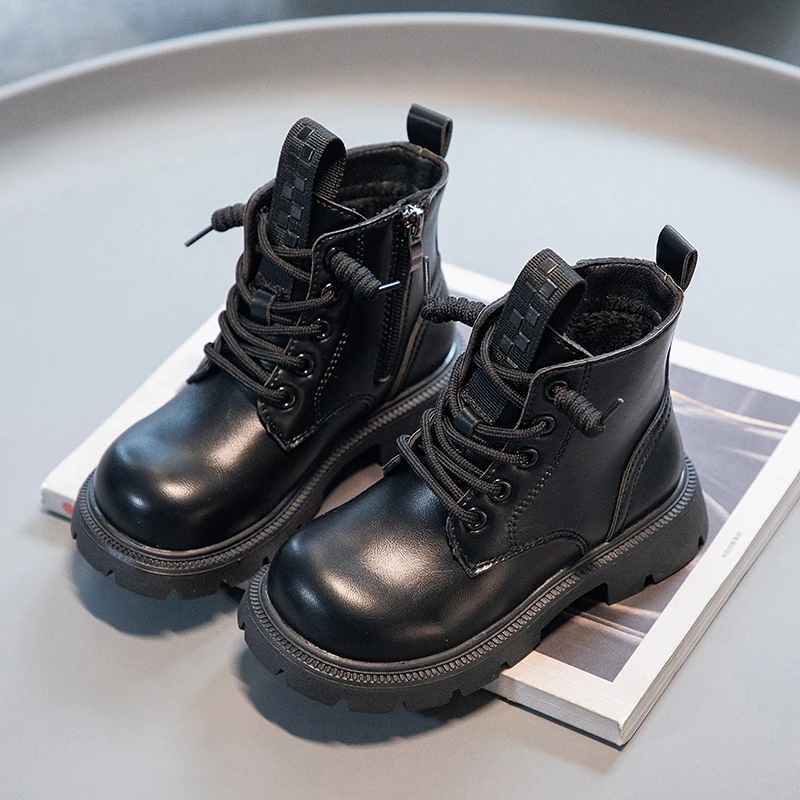 

Winter Girls Plush Velvet Warm Ankle Boots Toddler Lace-up Leather Boots Kids Girls Platform Square heels Casual Boots 6-16Y