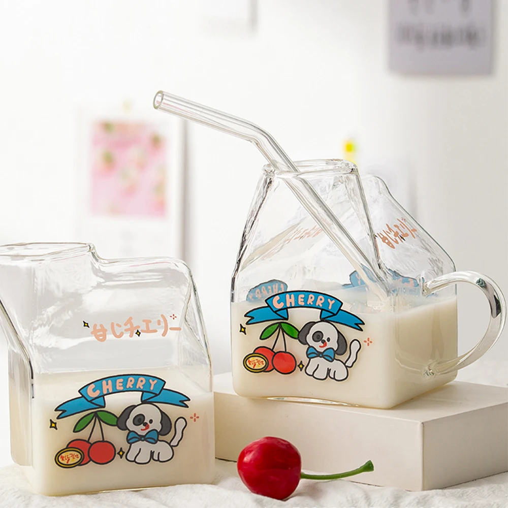 

Cherry Japanese Square Milk Carton Cup Borosilicate Glass Creative Milk Cup Breakfast Cup Microwave Oven Water Bottle