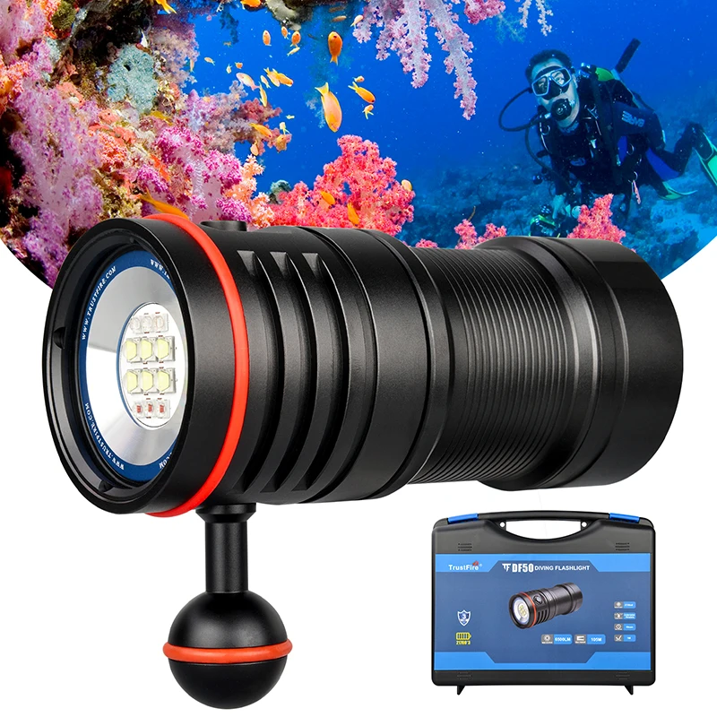 Trustfire Df50 Diving Led Flashlight 6500lumen 100meter Video Photoraphy Light Scuba Underwater Dive High Power Usb Rechargeable