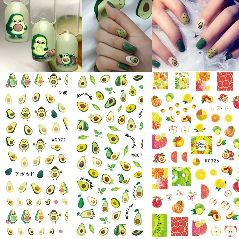 

1pcs Avocado Nails Sticker Decals Nail Art Decorations Cute Cartoon Fruit Summer Design 3D Foils All for Manicure Sliders