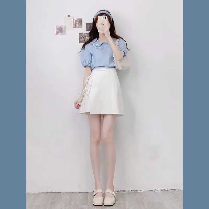 

2022 Summer Women New Sweet 2 Piece Sets Female Solid Color Short Sleeve Shirts and High Waist A-line Skirts Ladies Suits W112