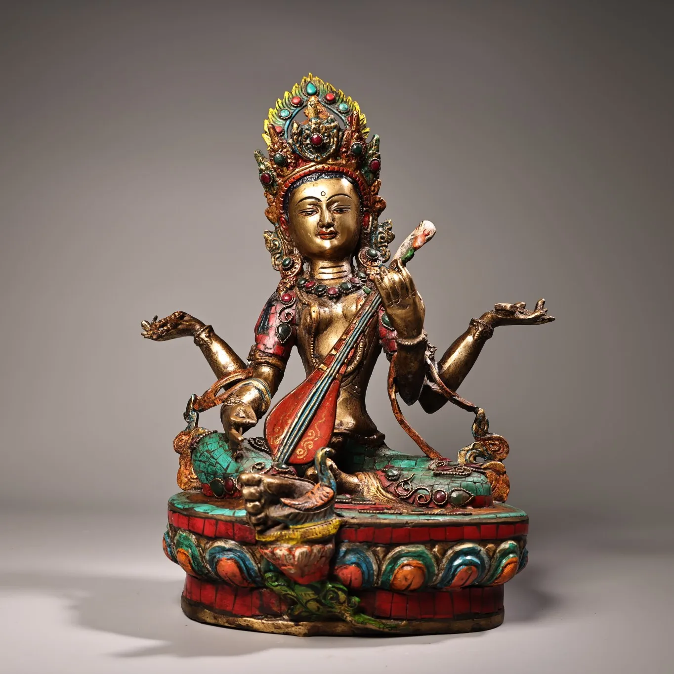 14&quotTibetan Temple Collection Old Bronze Outline in gold Mosaic Gem Four armed Sarasvati Sitting Buddha Worship Hall