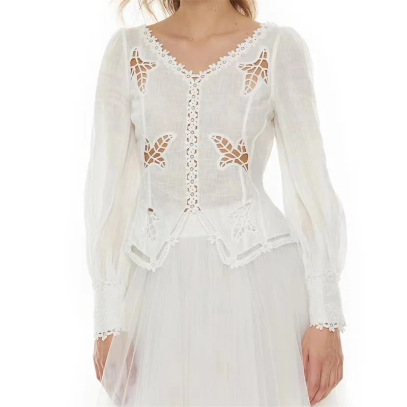 

23 year new Australian niche exquisite Fanmei leaf embroidery printed linen top