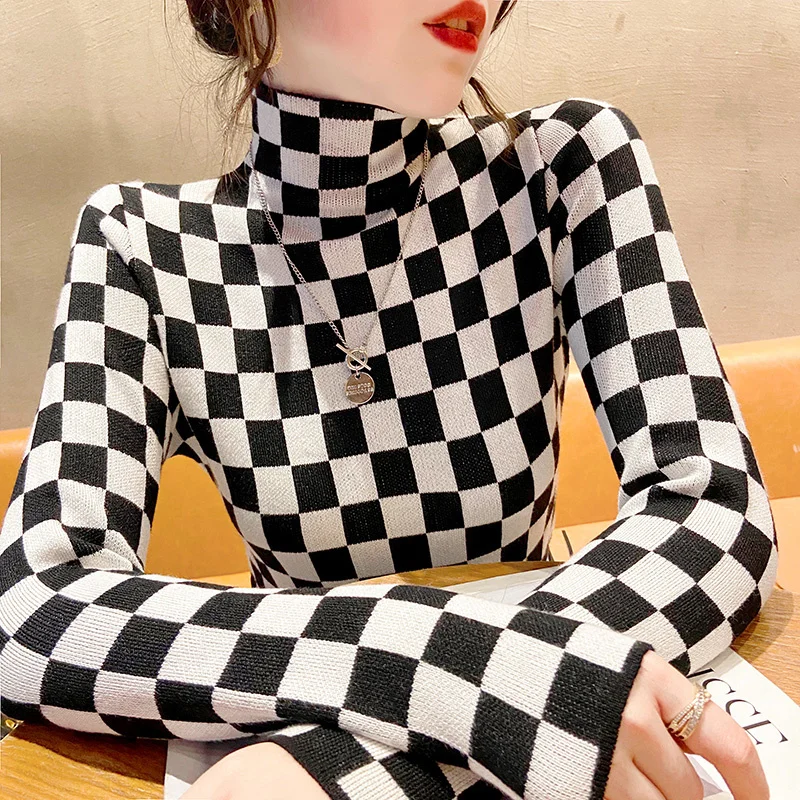 

Women Classic Checkerboard Luxury Pattern Knit Turtleneck Sweater Pull Fashion Slim Fit Pullovers Y2k Jumper Tops Brand Clothes