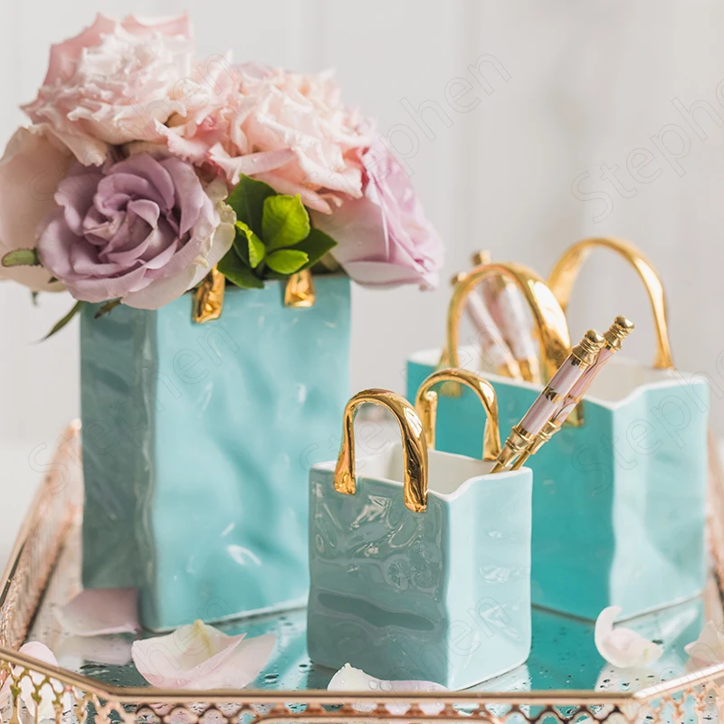 

Декоративная Золотая керамическая ваза для дома, декоративная Классическая сумочка с ручками в скандинавском стиле, маленькие креативные ...