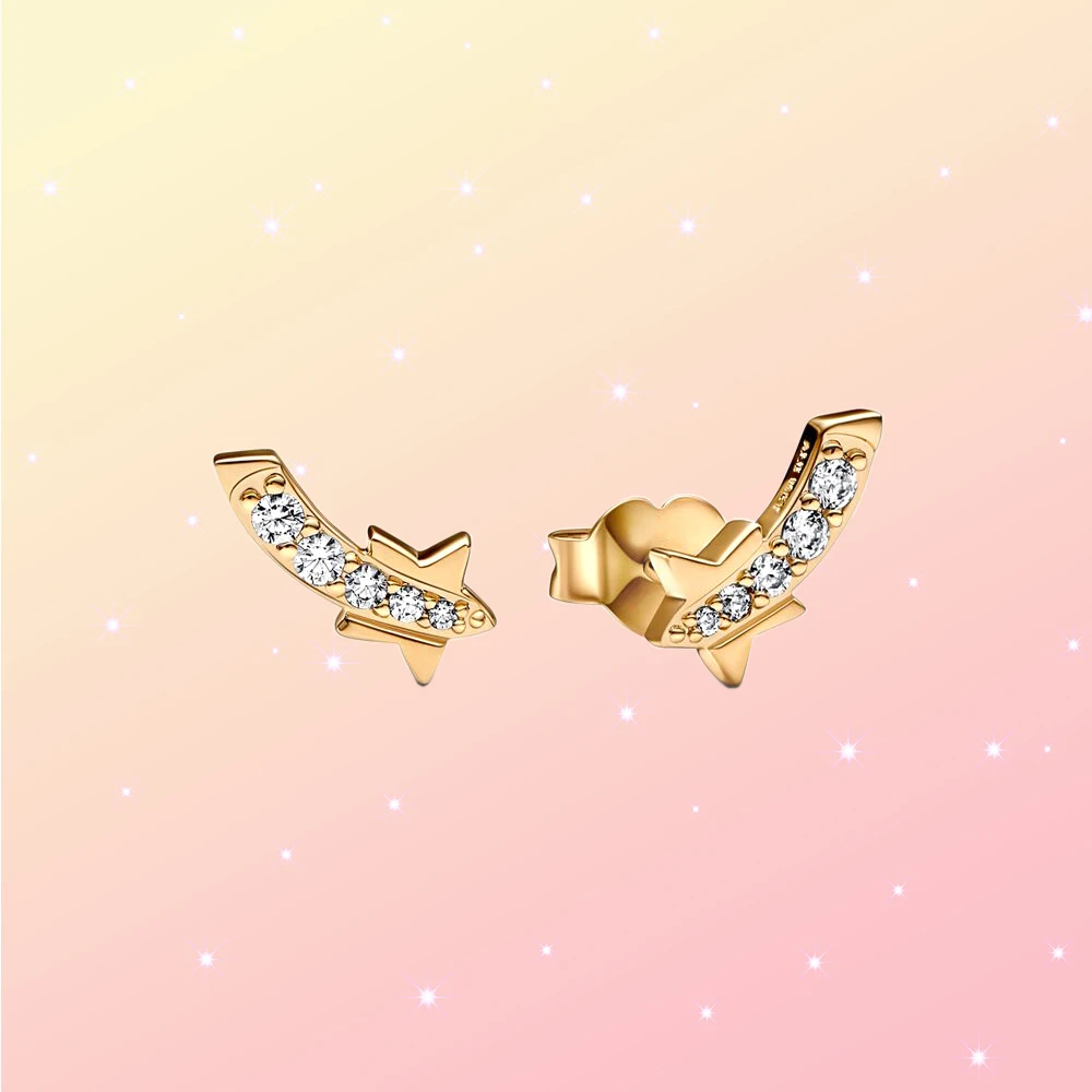 

Lucky Star Series Golden Pave Meteor Stud Earrings 925 Silver Luxury Feast Jewelry fit for Pandora Gorgeous Woman Gift