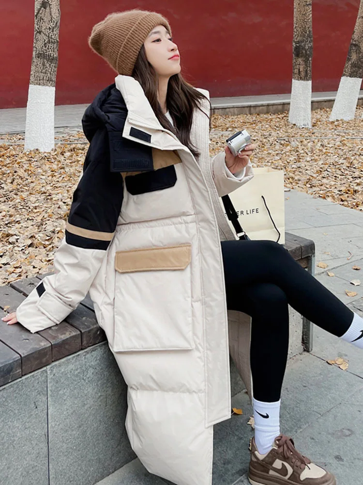 

Winter Down Jacket Women's Long 90% White Duck Down Hooded Parka Retro Workwear Street Warm Coat