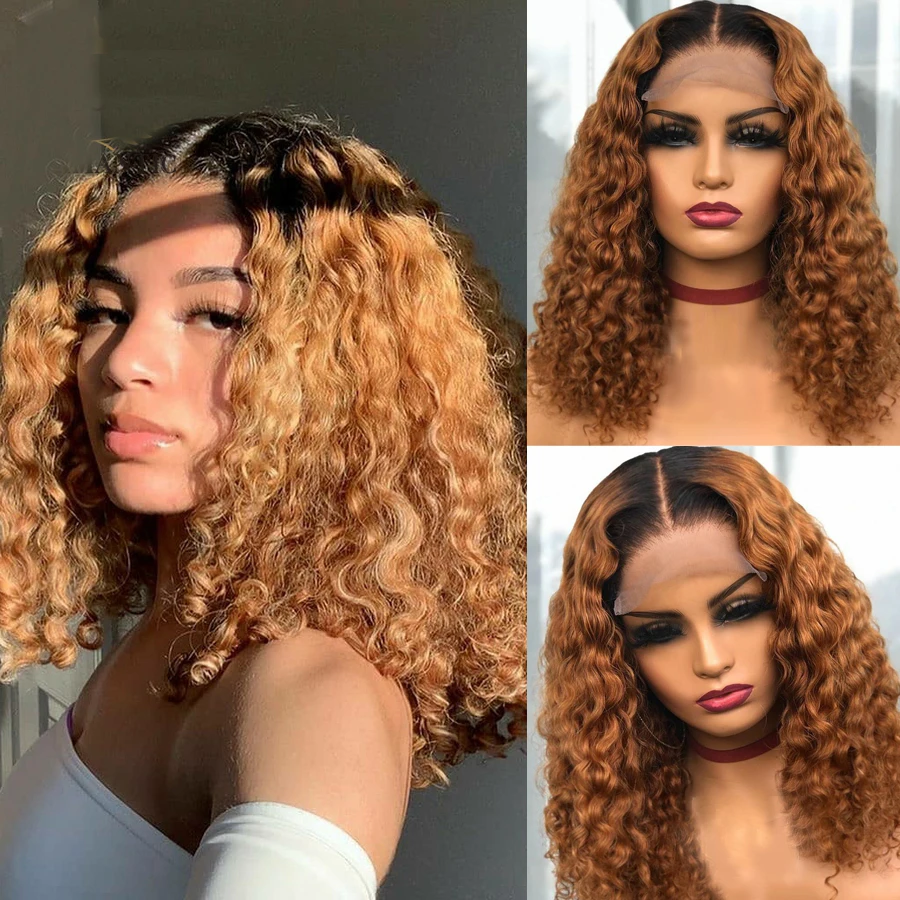 

Ombre Honey Blonde Glueless Soft Preplucked 26 inch Long 180 Density Kinky Curly Lace Front Wigs For Black Women Babyhair Daliy