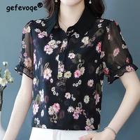 office lady vintage floral printing chiffon shirt summer 2022 new polo neck short sleeve loose pullovers blouse womens clothing