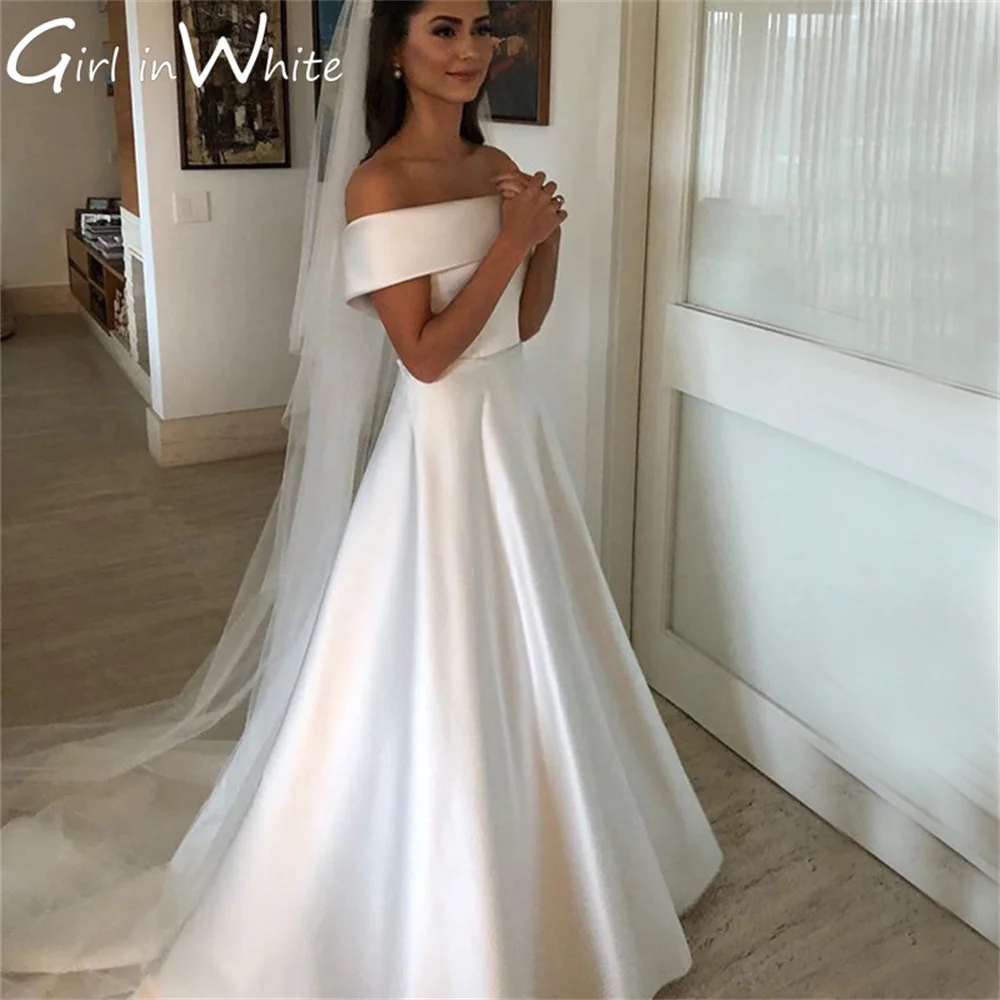 

Classic A Line Satin Wedding Dress Off The Shoulder Wedding Gown White Bride Robe vestidos de novia فساتين مناسبة حسب الطلب