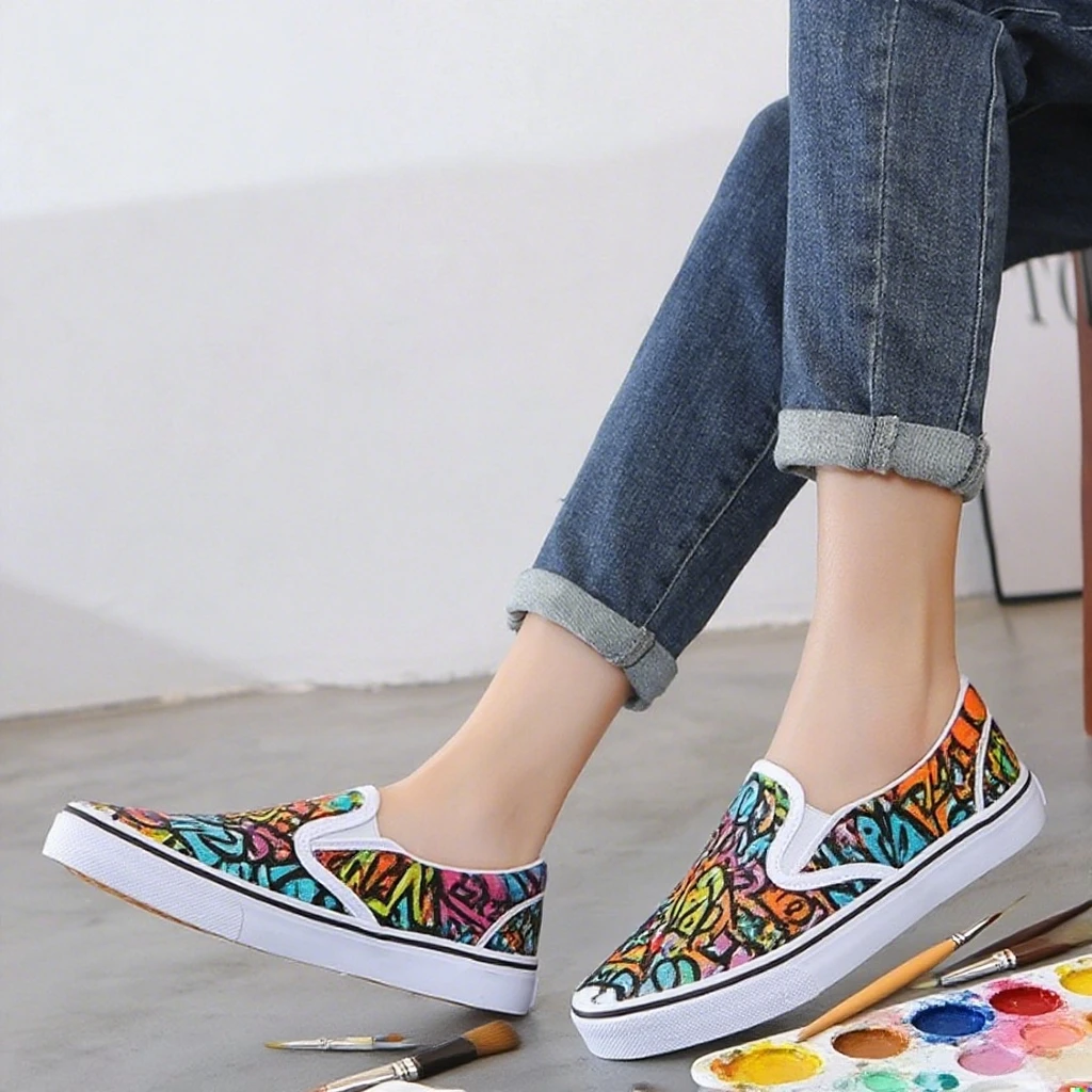 Фото Женские парусиновые туфли с ручной росписью, белые низкие дышащие удобные повседневные кроссовки без шнуровки для молодежи, студентов, летние прогулочные туфли №2