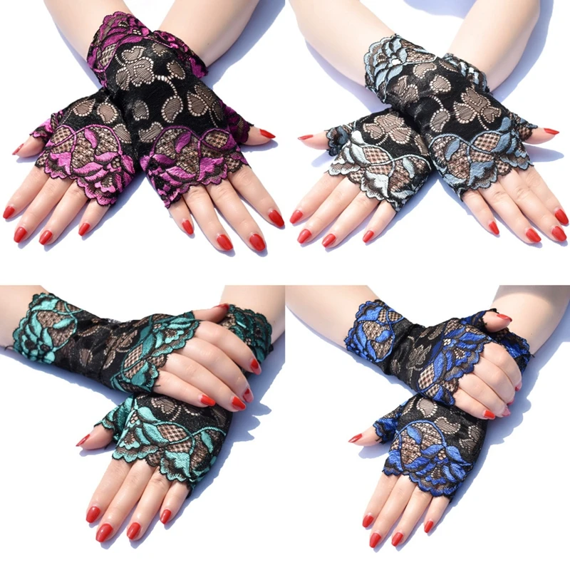 

4pcs Gloves Women Sexy Fingerless Gloves Half Finger Sunscreen Short Lace Gloves Rose Flower Pattern Festival Gloves Party Prom