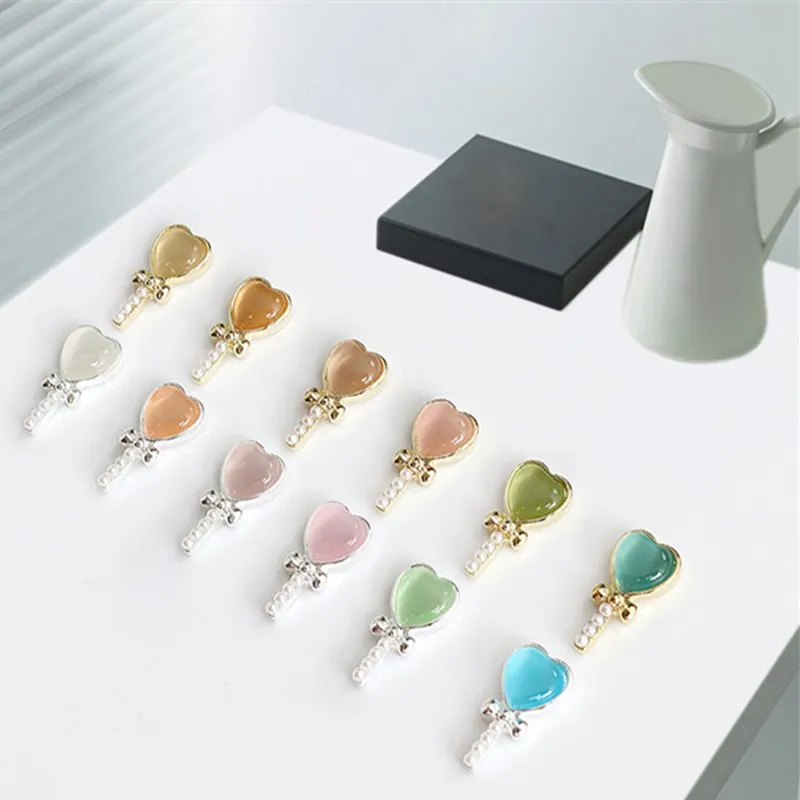50pcs Japanese Cat's Eye Drill Moonstone Alloy Jewelry Lolly-Shaped With Heart&Butterfly Knot Element 3D Nail Metal Charm 7*14MM