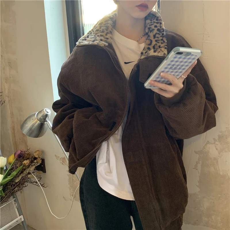 Cool Girl Coat New Winter Leopard Print Stitching Women's Coat Corduroy Warmth Loose Casual Women's Coat Elegant Tops Streetwear