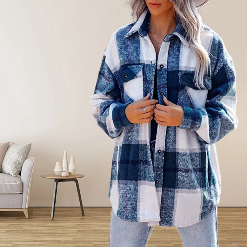 

Ladies autumn-winter new fashion urban style loose single breasted plaid coat women