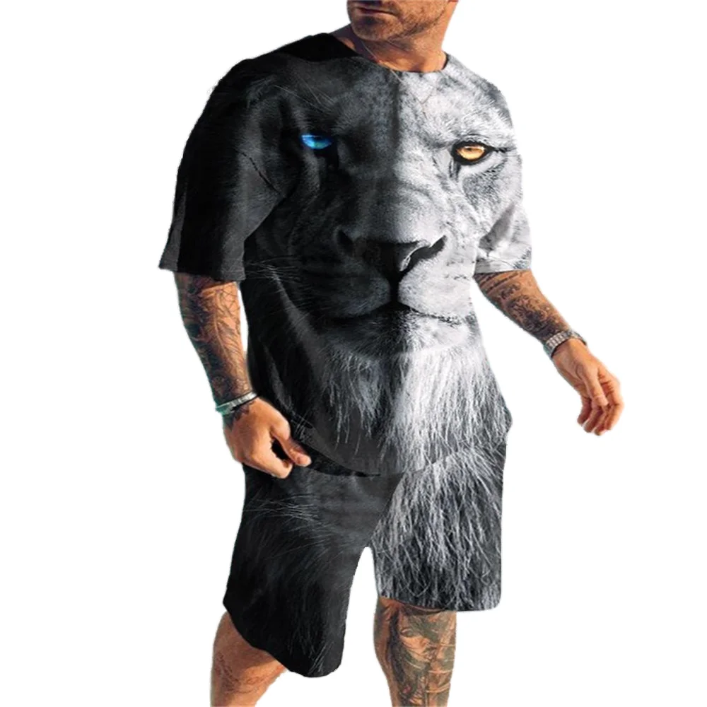 

2023 Summer Oversized 3D Printed Men's Round Neck Short Sleeve T-shirt Sports Set Lion Print Fashion Trend Men's Set Clothing
