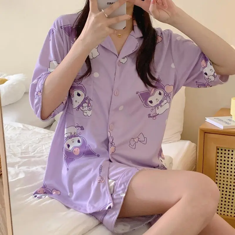 

New Sanrios Kawaii Kuromi My Melody Cinnamoroll Pajamas Sets Summer Cartoon Anime Teenager Girls Casual Short Sleeve Nightdress