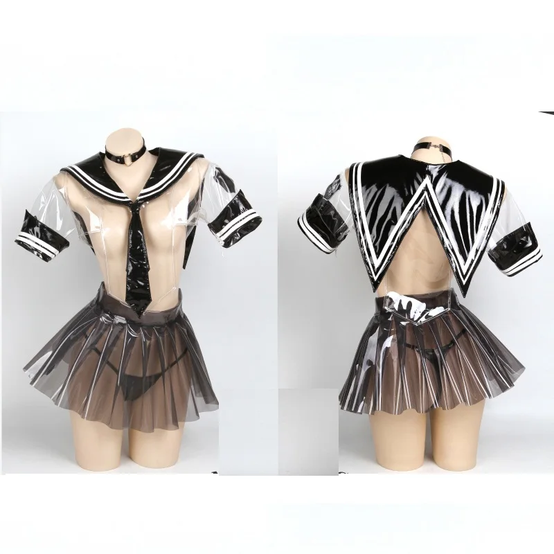 

PVC Clear Transprarent Sexy See Through Sheer Slim JK Jacket With Skirt Cosplay Costume DJ Bar Club Spicy JK Uniforms Harajuku