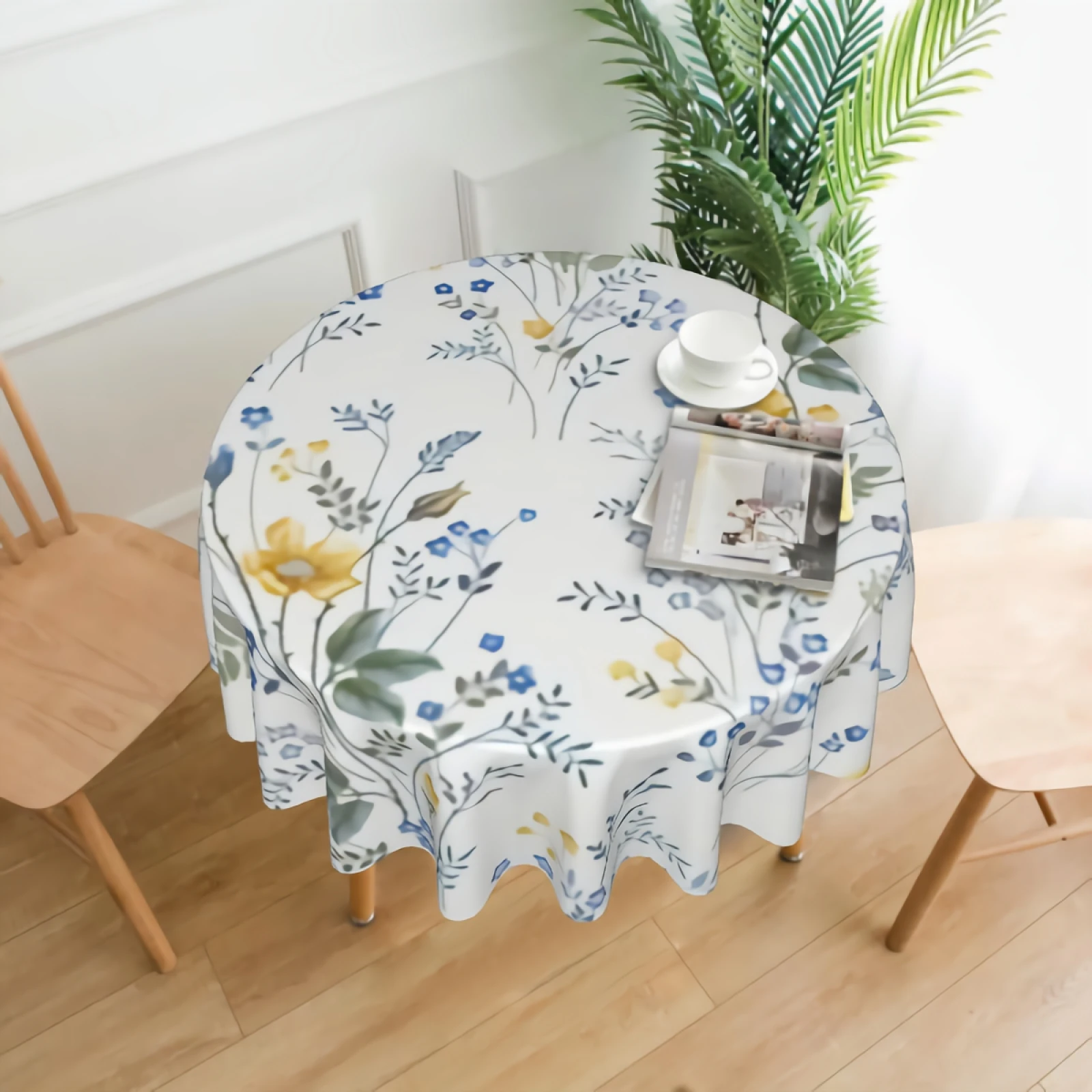 

Blue And Yellow Floral Table Covering Wipeable Party Table Cover for Home Kitchen Wedding Tabletop Decoration-60 Inches