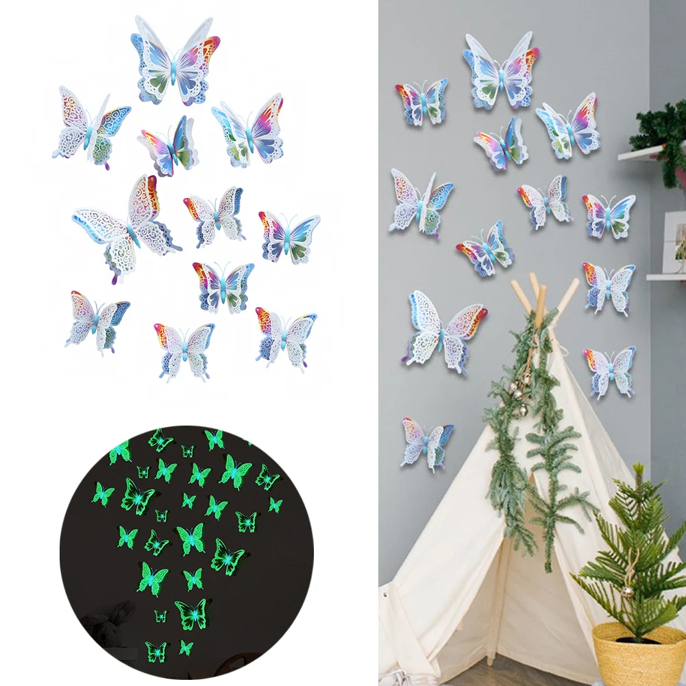 

12Pcs Luminous Double Layer Butterfly 3D Wall Sticker Wedding Decorations Glow In The Dark Butterflies Fridge Magnet Stickers