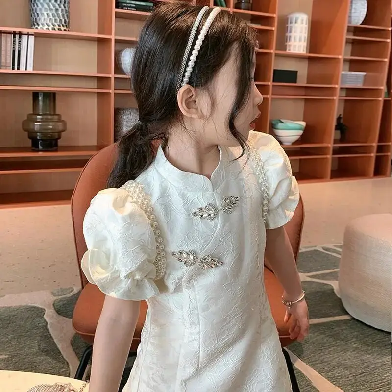 Cheongsam Girls Baby Flower Dress New Children's Chinese Style Children's Short Sleeve Chinese Hanfu Tang Suit