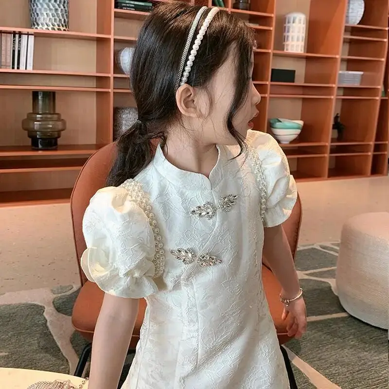 

Cheongsam Girls Baby Flower Dress New Children's Chinese Style Children's Short Sleeve Chinese Hanfu Tang Suit