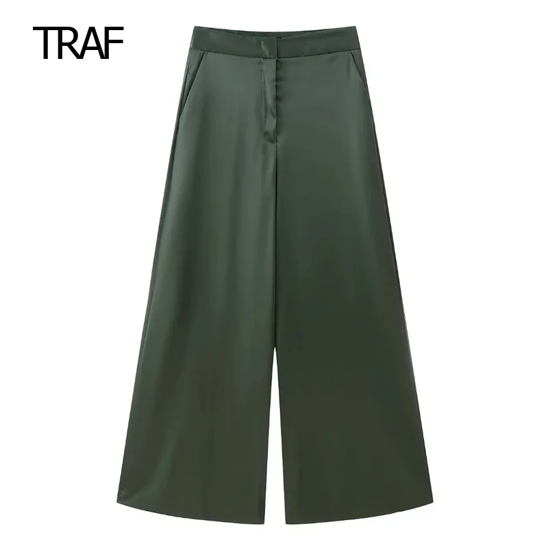 

TRAF Woven Green Pant Women's Pants Autumn 2023 Mid Waist Wide Leg Long Pants Back False Welt Pockets Fluid Pant Casual Pant