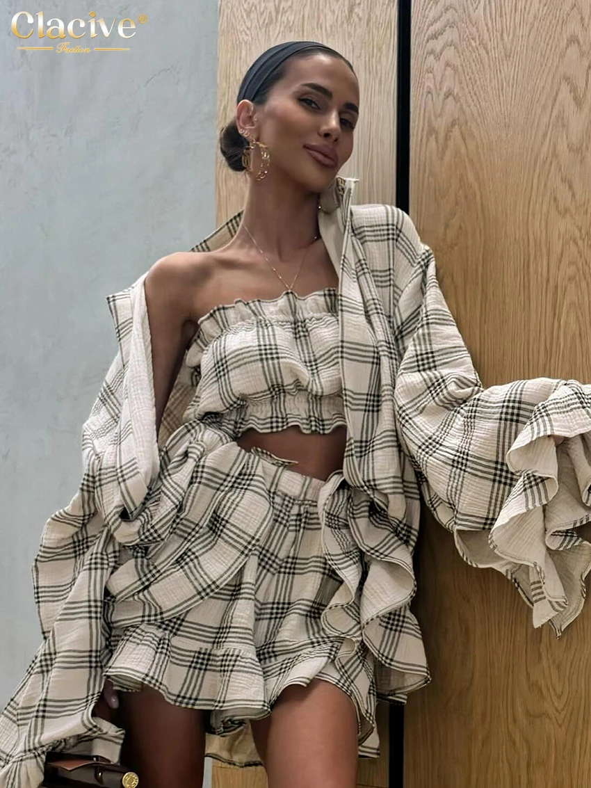 Clacive Fashion Свободные клетчатые хлопковые шорты для женщин комплект из 2 предметов