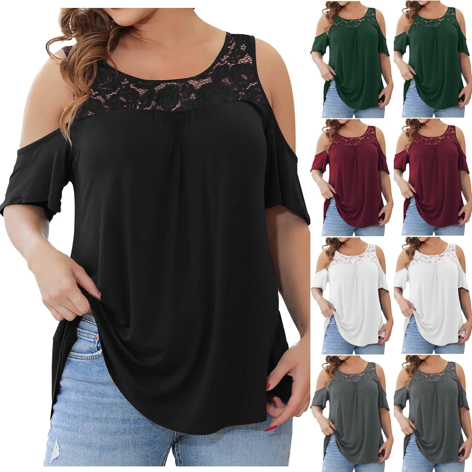 

Женская модная однотонная кружевная жаккардовая футболка с круглым вырезом и асимметричным подолом, повседневные топы с коротким рукавом, ...