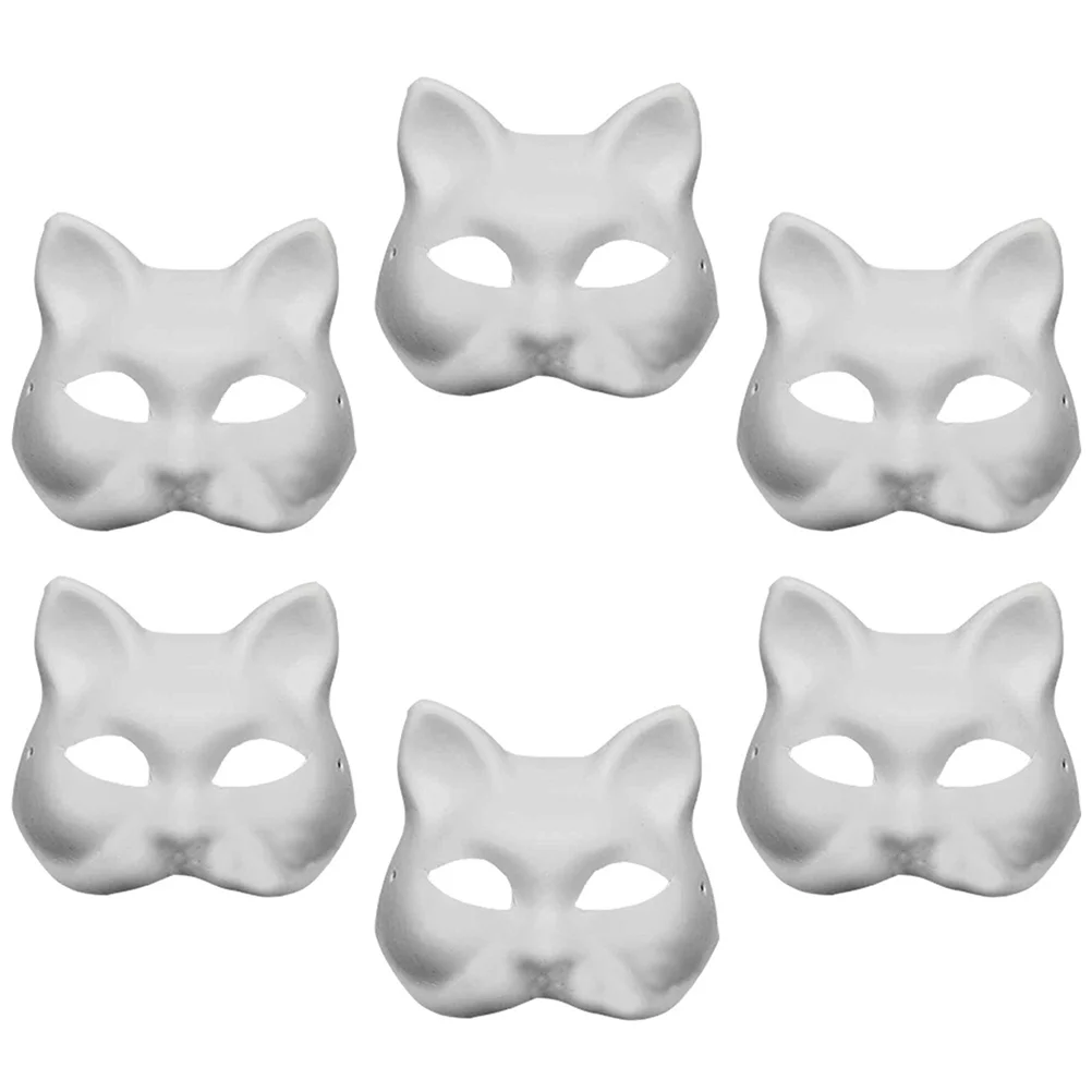 

6 Pcs DIY Cat Face Mask Outfits Kids Paper White Halloween Cosplay Accessories Pulp Party Masks Child Blank